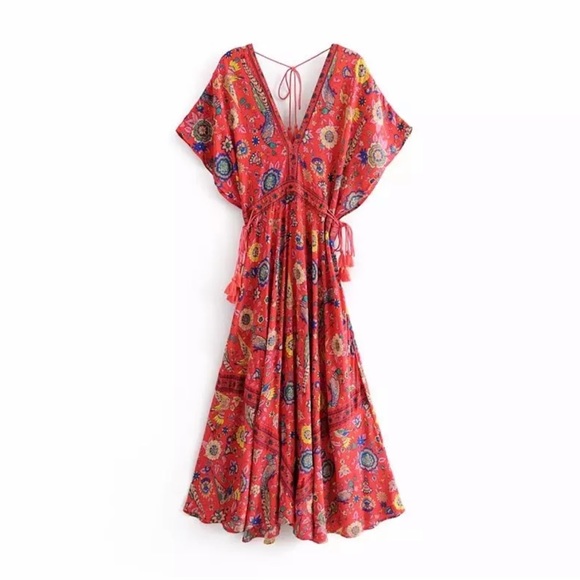 Red Boho Floral Bird Gypsy Print Maxi Long Dress - Picture 5 of 9